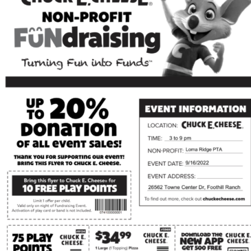 Chuck E Cheese Dine Out                                                  September 16, 2022 from 3pm to 9pm